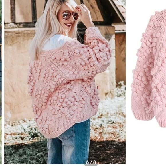 CHIC WISH Hand Made Pink Open Cardigan Pom Pom Heart Shape - Picture 1 of 10